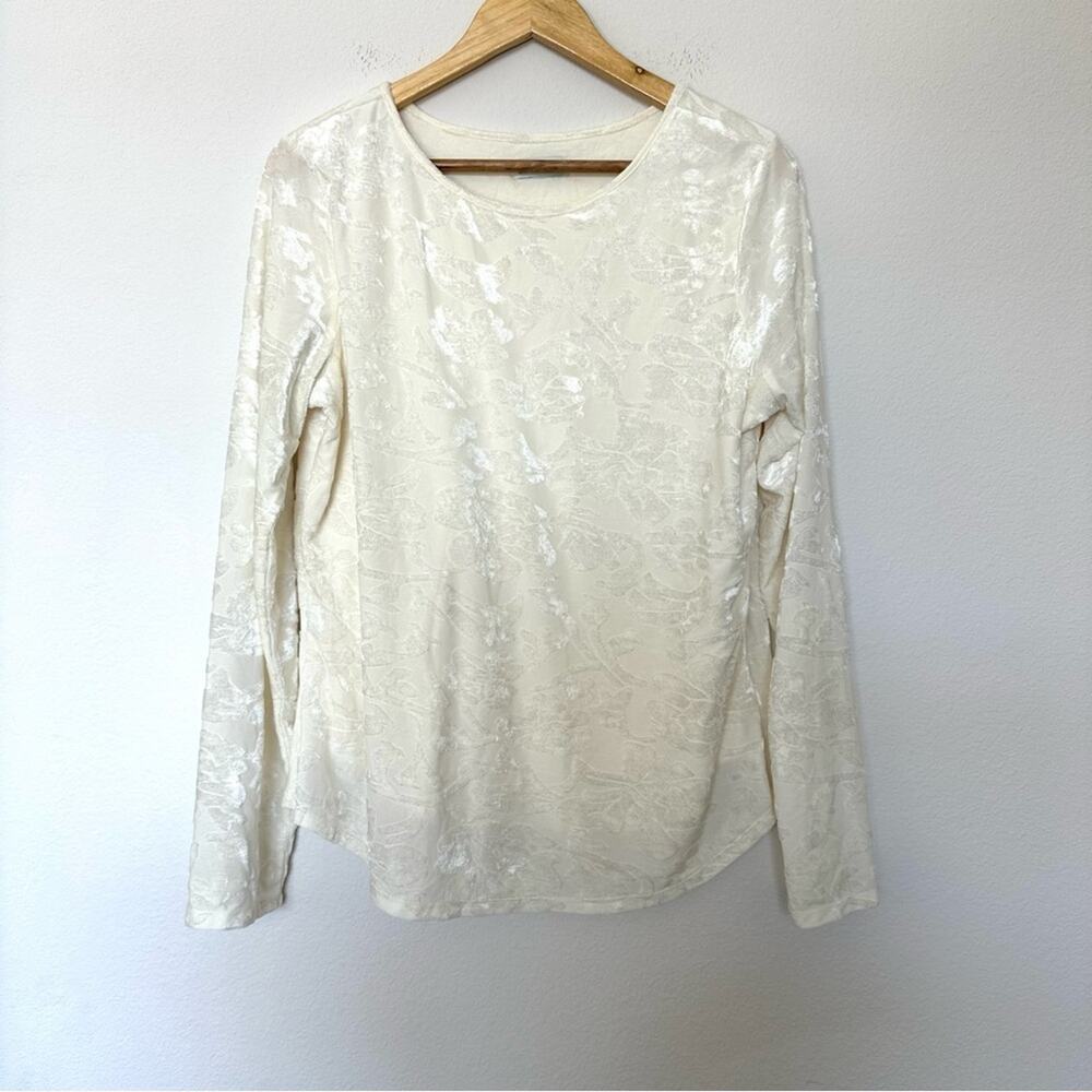 Sundance‎ Velour Floral Top Womens Small Ivory Burnout Crew Neck Long Sleeves